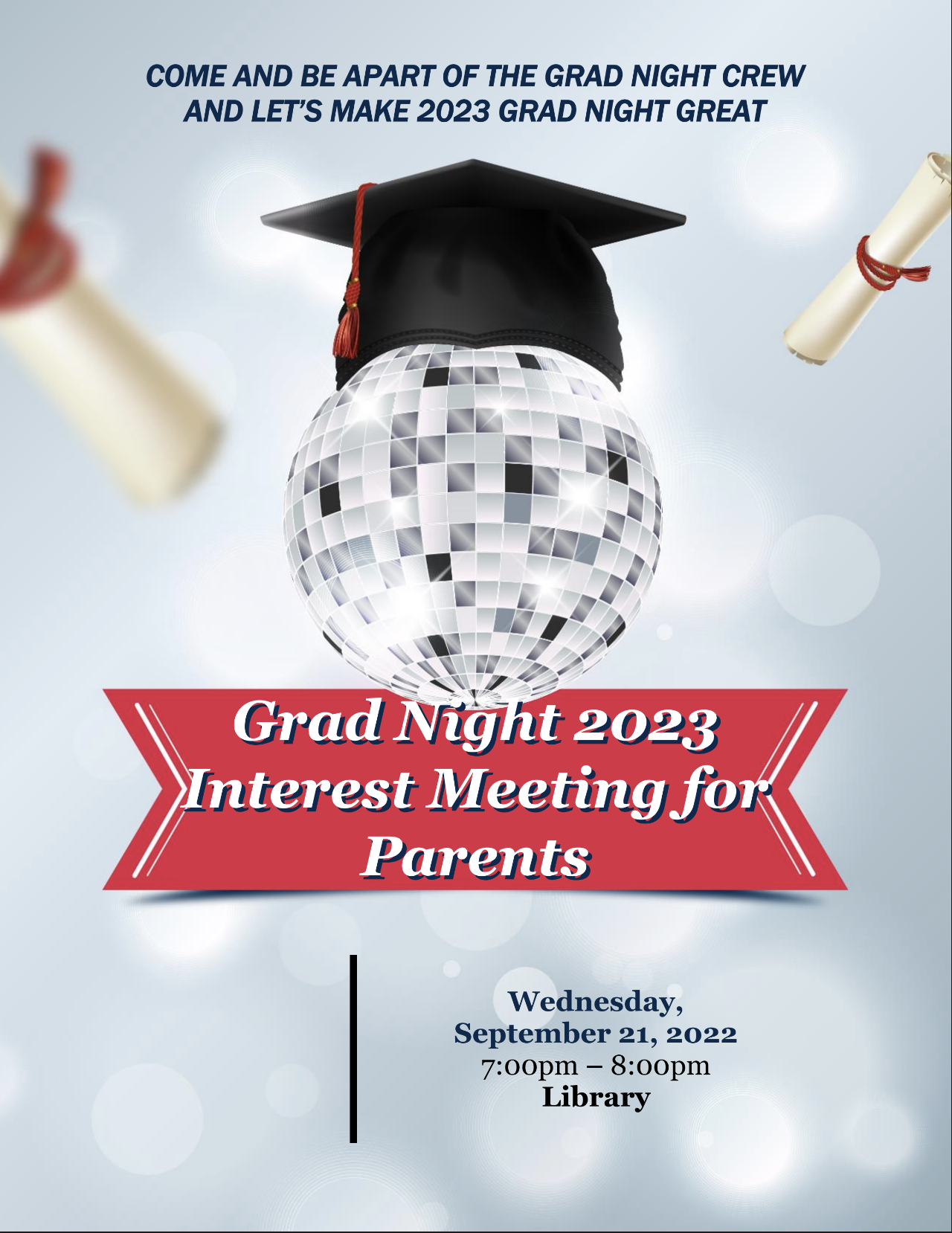 Parent Grad Night Meeting, Sept. 21 at 7pm in FVHS library